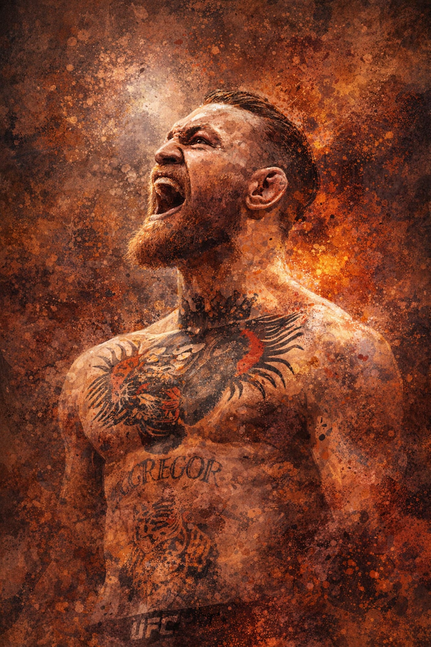 Conor McGregor | UFC Fighter Poster | Bold Shouting Pose with Intricate Tattoo and Fiery Abstract Design | Ideal for Enthusiasts | Vibrant Martial Arts Art Print for Decor Enthusiasts