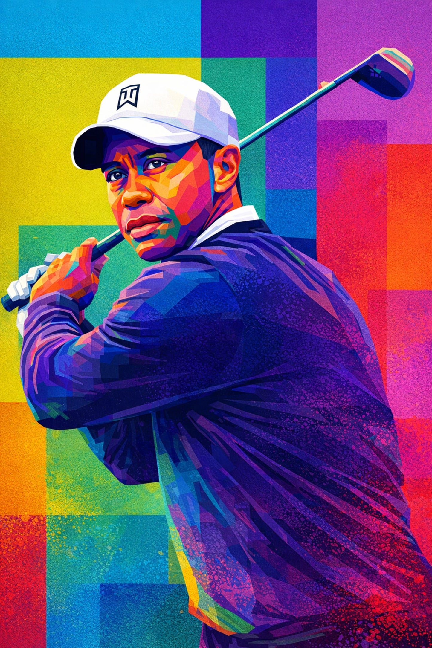 Tiger Woods | Vibrant Geometric Golf Art | Abstract Colorful Golfer Portrait Swing | Pop Art Cubism Wall Decor | Unique Print Poster
