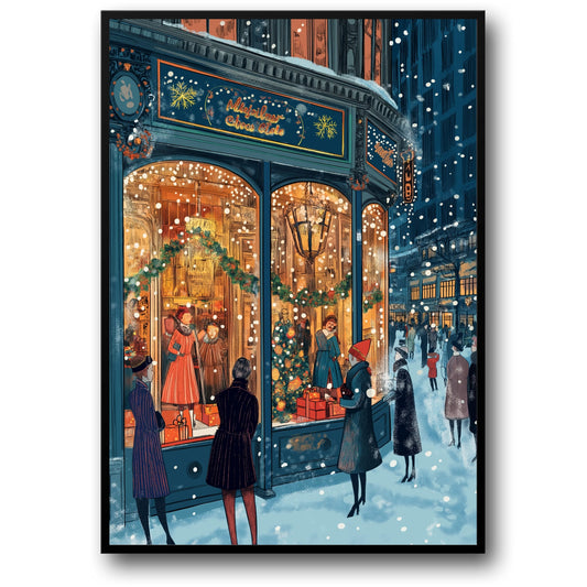 Charming Winter Scene | Festive City Street with Christmas Decor & Snowfall | Vintage-Inspired Holiday Wall Art | Perfect Poster for Cozy Atmosphere | Fashionable Shoppers & Glamorous Store Display