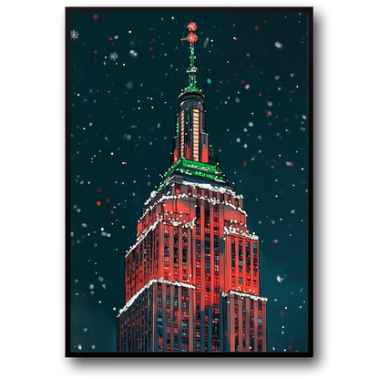 Festive Winter Night Art Print | Illuminated Art Deco Skyscraper in Holiday Lights | Snowy Urban Landscape | Christmas Colors Poster | Seasonal Decor | Magic of a Holiday Cityscape Print