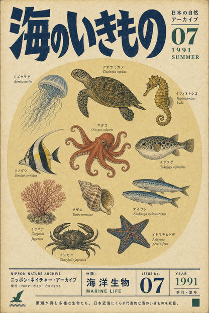 Vintage Marine Life Illustration | Japanese Style Sea Creatures | Turtle Seahorse Octopus Fish Art | Nature Archive 1991 Poster Print