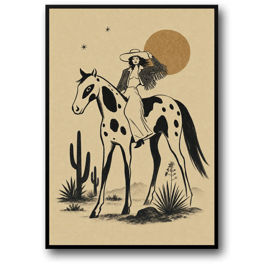 Rodeo Cowboy Te paard | Retro Western Kunst | Vintage Stijl Print | Wild West Decor | Klassieke Cactus Scene Poster | Unieke Muurkunst