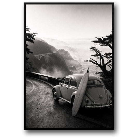 Vintage Kustreis | Surf Auto Roadtrip Zwart-wit Kunst | Schilderachtig Landschap Poster Print voor Thuisdecoratie
