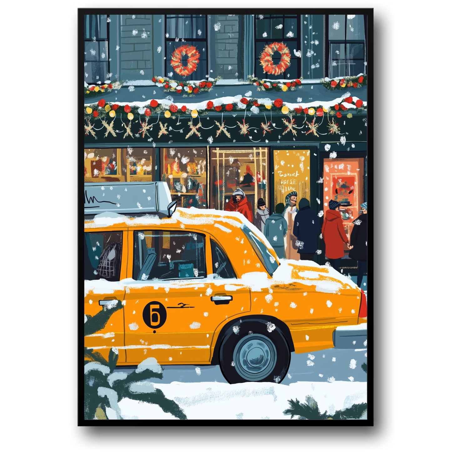 Festive Urban Winter Scene | Yellow Taxi Cab in Snow | Christmas Wreaths and Garlands | Perfect Home or Holiday Gift | City Poster Print