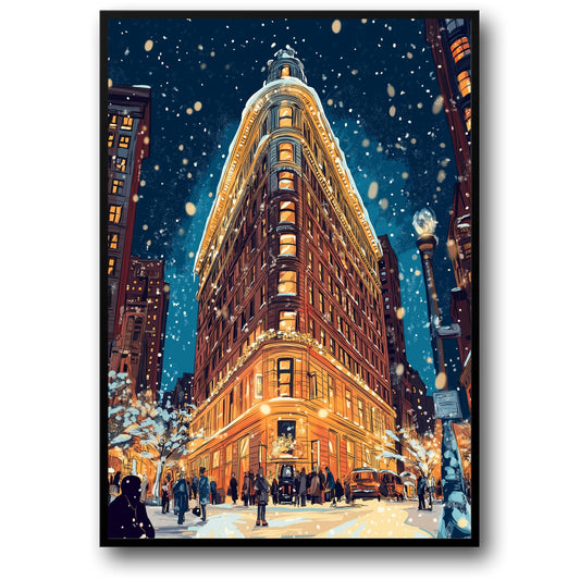 Vibrant Winter Cityscape | Historic Flatiron Building Poster | Evening Snowfall | Warmly Lit Windows | Vintage Streetlights | Urban Art Print | Architectural Elegance | Cozy Winter Vibes | Wall Decor