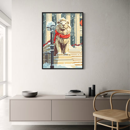 Regal Lion Statue in Snow | Bright Red Scarf | Urban Setting | Festive Garlands | Holiday Spirit | Classic Architecture | Poster Print