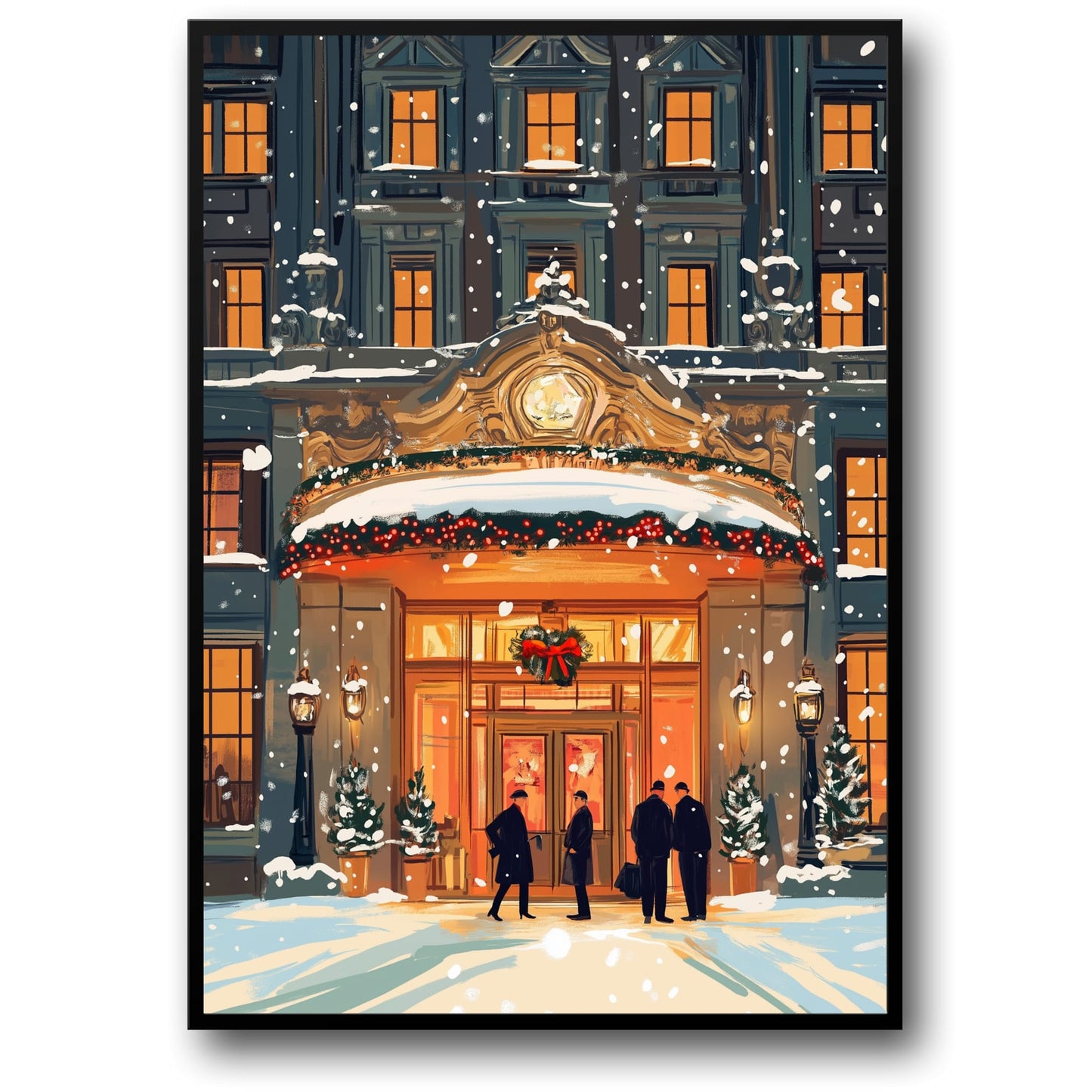 Luxurious Winter Holiday Scene | Festive Hotel Entrance | Snow-Covered Architecture | Seasonal Wreaths & Lights | Holiday Poster & Print