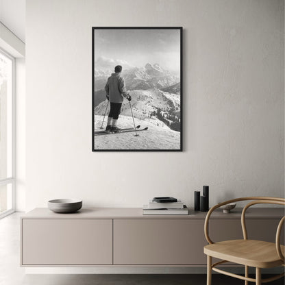 Vintage Skiing Adventure | Scenic Mountain Landscape Art | Black and White Winter Sports Poster Print