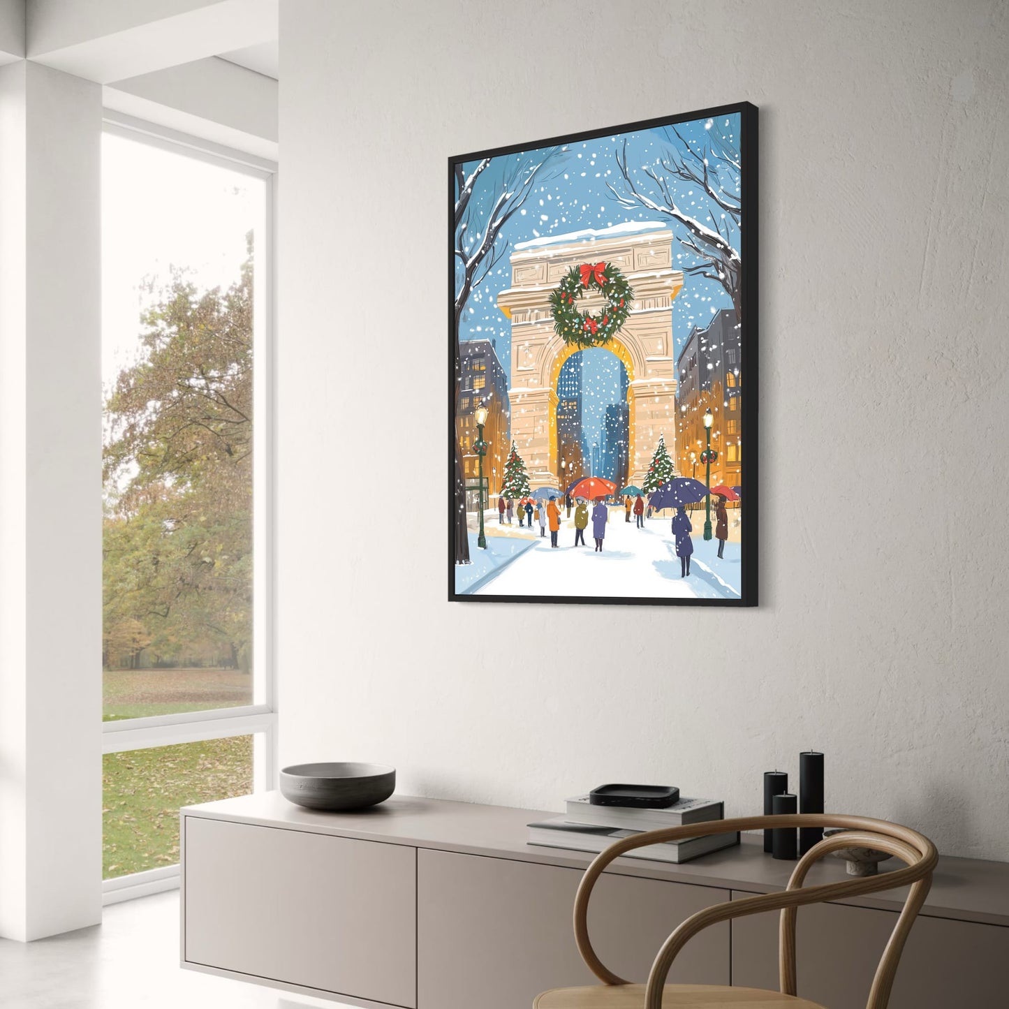 Enchanting Winter Wonderland | Iconic Snowy Archway Scene | Festive Wreath & Glowing Street Lamps | Serene Cityscape Print | Christmas Decor Poster | Perfect Gift for Holiday Cheer | Seasonal Wall Art