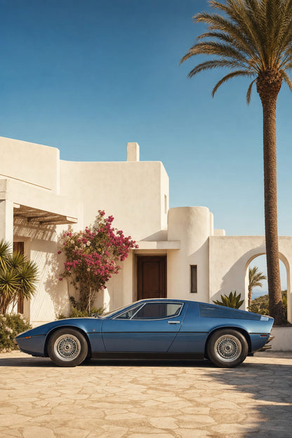 Classic Blue Sports Car | Mediterranean Villa | Luxury Auto Art Print Poster | Retro Design | Wall Decor