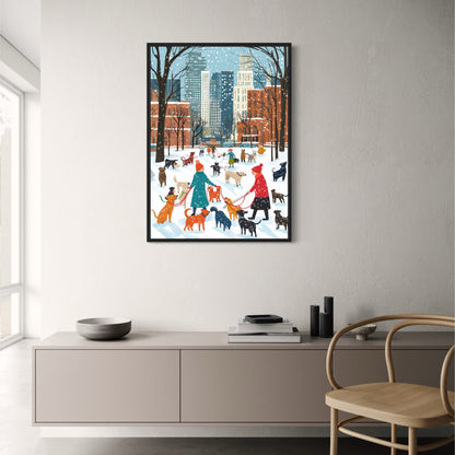 Charming Urban Winter Scene | Vibrant Dogs & Snowy Park | Skyline & Falling Snowflakes | Red Brick Buildings | Seasonal Poster Print