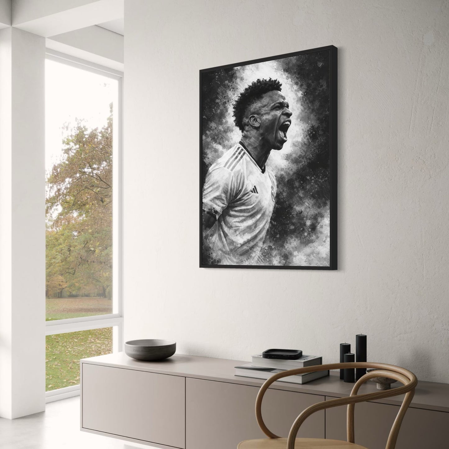 Football Art | Energetic Soccer Player | Striking Stripe Jersey | Intense Expression | Abstract Paint Splatter | Motivational Wall Poster | Perfect Decor for Sports Lovers & Gyms | Art Print