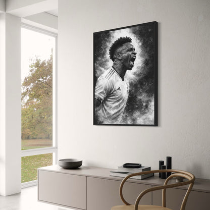 Football Art | Energetic Soccer Player | Striking Stripe Jersey | Intense Expression | Abstract Paint Splatter | Motivational Wall Poster | Perfect Decor for Sports Lovers & Gyms | Art Print