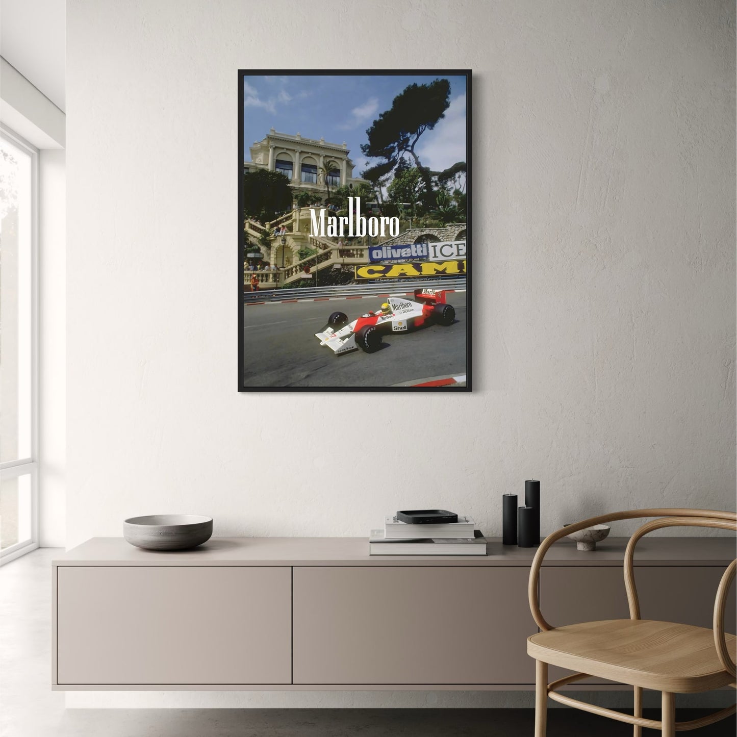 Vintage Formel 1 | Großer Preis von Monaco | F1-Rennplakat | McLaren MP4/5 | Ayrton Senna | Stufen des Casinos von Monte Carlo