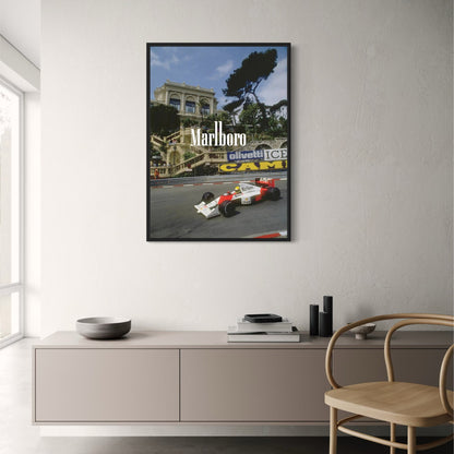 Vintage Formel 1 | Großer Preis von Monaco | F1-Rennplakat | McLaren MP4/5 | Ayrton Senna | Stufen des Casinos von Monte Carlo