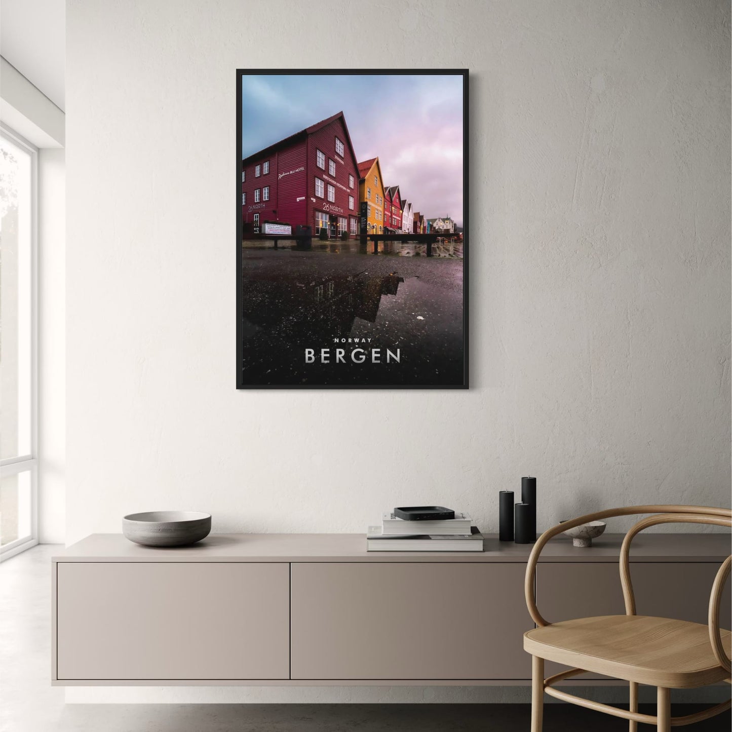 Rainy Day at Bryggen | Bergen Norway Poster | Historic Waterfront Charm Artwork | Scenic Travel Decor | Nordic Wall Art