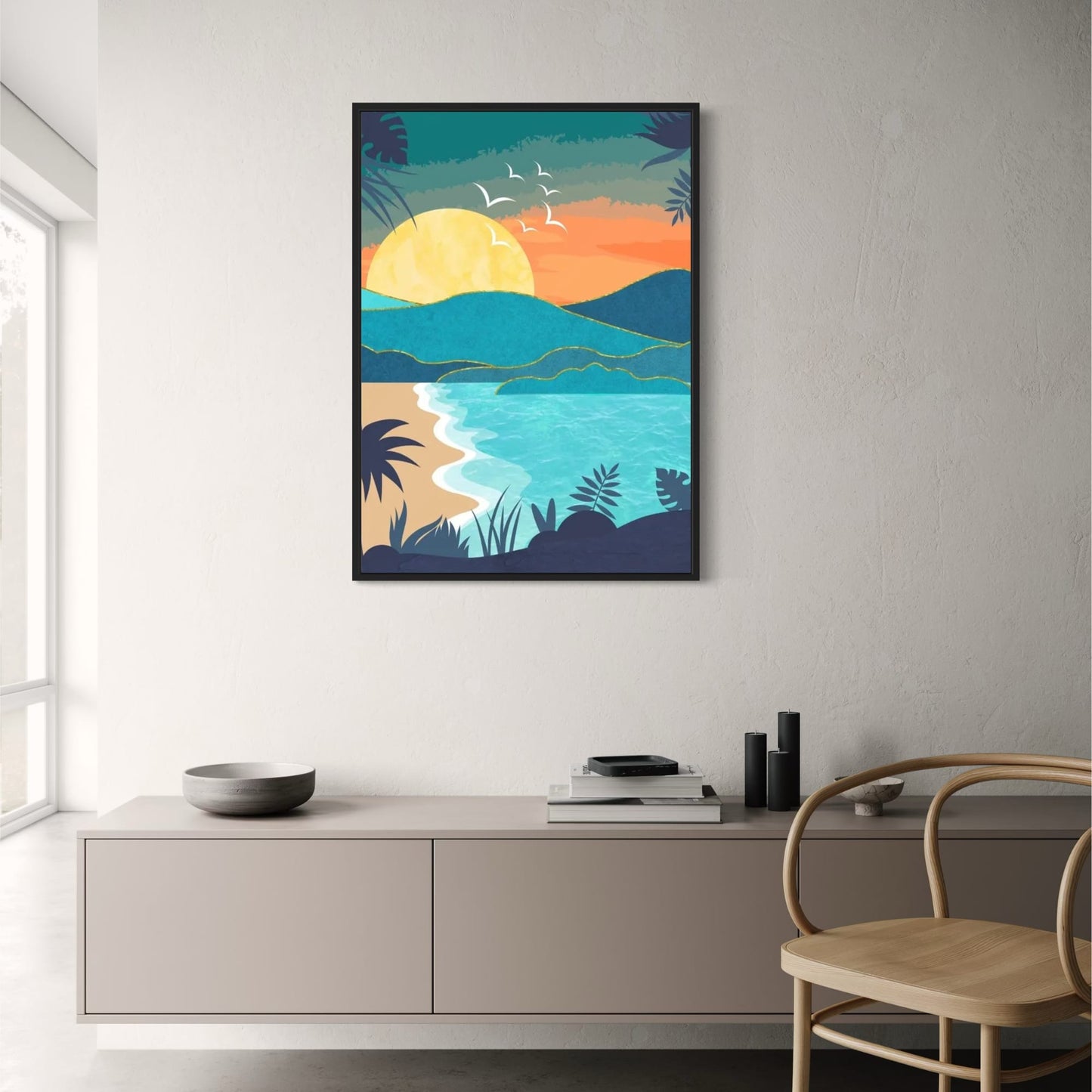 Abstrakte Strandszene bei Sonnenuntergang | Meerblick | Ruhige Küstenkunst Poster