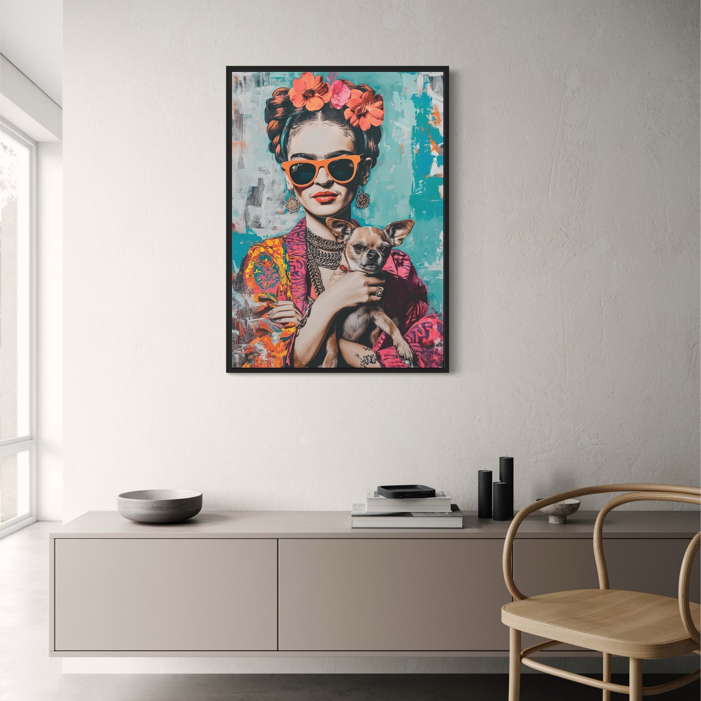 Frida-Kahlo-Stil | Chihuahua-Porträt | Farbenfrohe Kunst