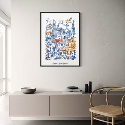 Prager Architektur Poster | Blaue und orange Aquarellkunst | Tschechische Republik Historische Illustration | Einzigartige Wohndekoration