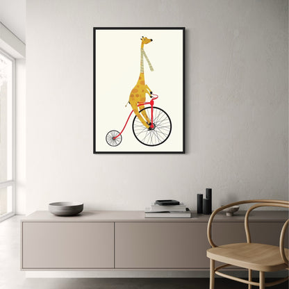 Giraffe's Solo Cycle Poster | Whimsical Wheels Artwork | Joyful Animated Adventures Decor