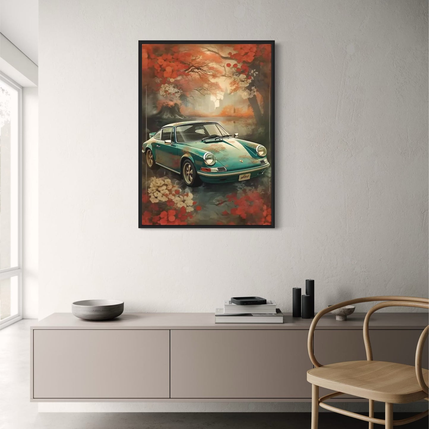 Porsche 911 Poster | Verträumte Kirschblütenszene | Frühlingsblütenfahrt | Ruhige Kurzurlaube