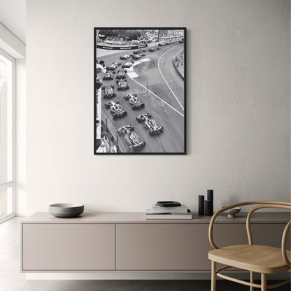 Schwarz-weißes Vintage-F1-Rennplakat | Monaco Grand Prix-Rennwagen | Wandkunst auf Leinwand für die Inneneinrichtung