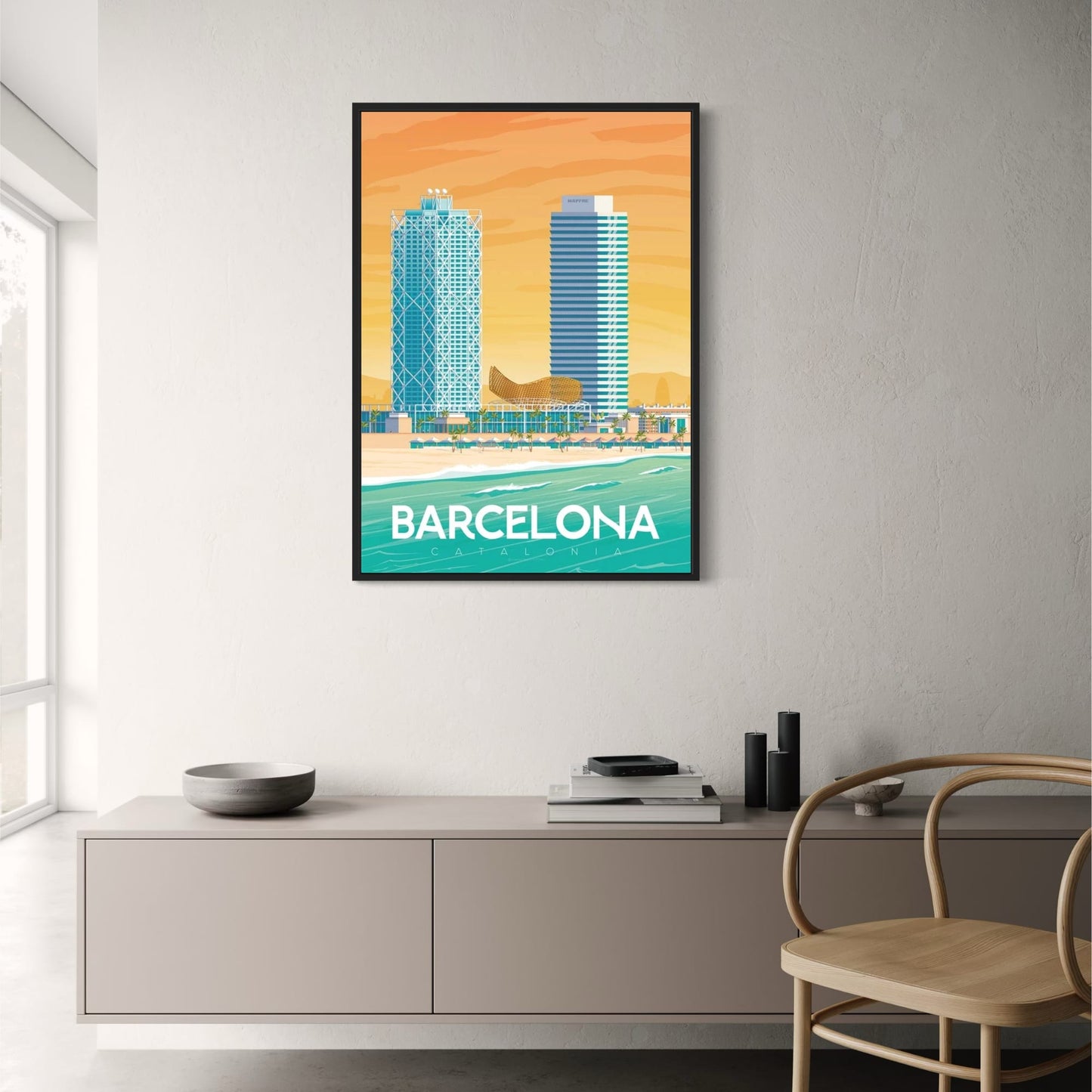 Barcelona Beach | Iconic Destinations | Scenic Travel Poster | Vibrant Colors | Wall Art Decor | Spanish Coastline