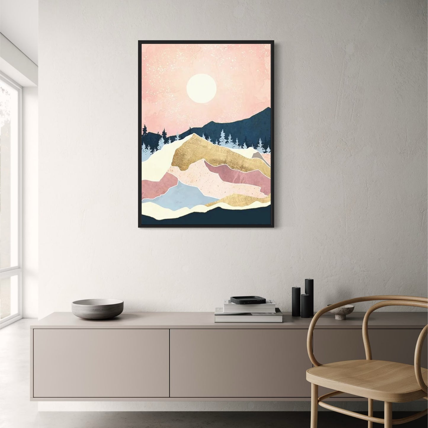 Abstraktes Bergposter | Rosa Landschaft | Kunstwerk für Heim- und Bürodekoration | Moderne Kunst | Ästhetischer Wanddruck