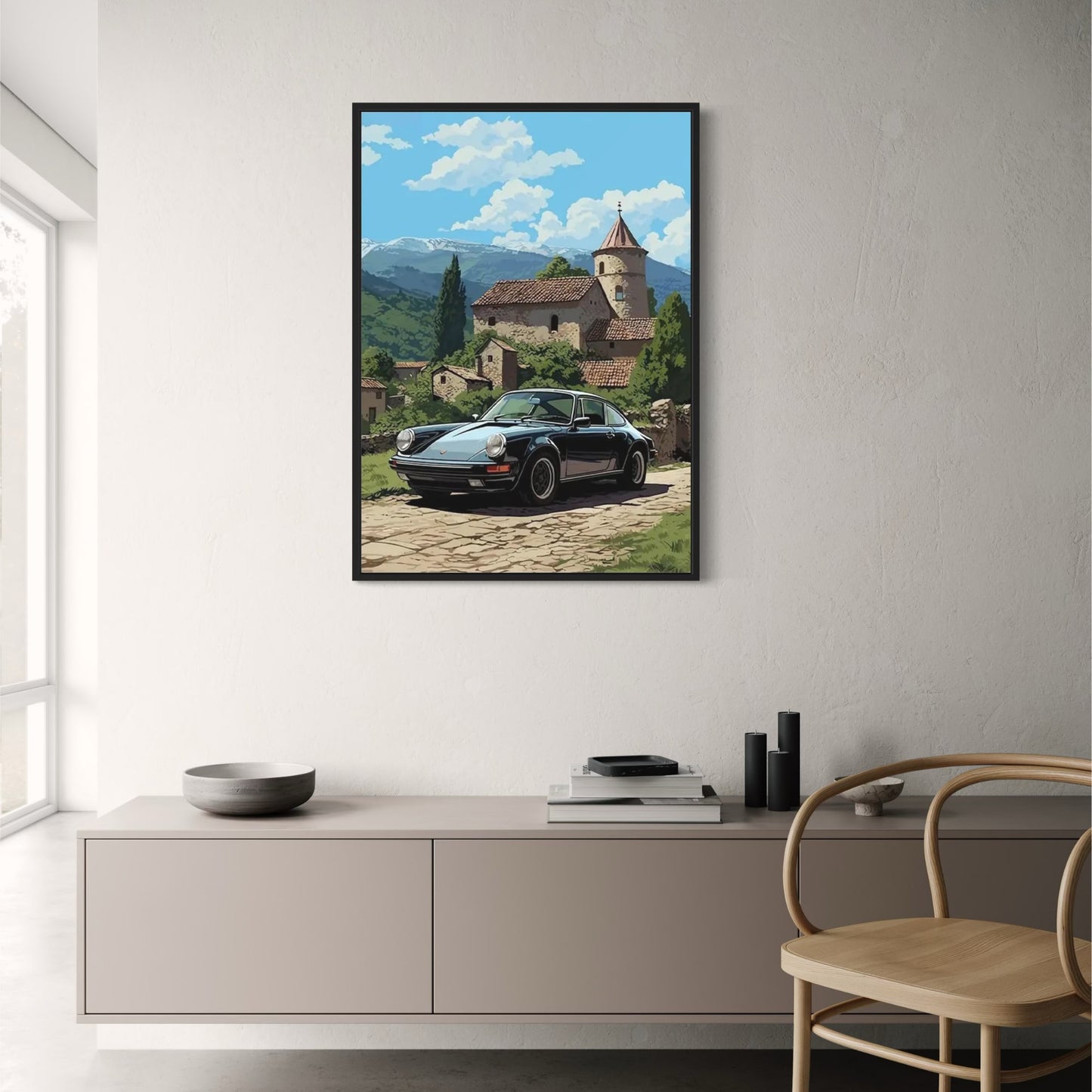 Porsche Poster | 911 Morning Glory | Morgendämmerung auf dem Land | Ruhe in der alten Kirche