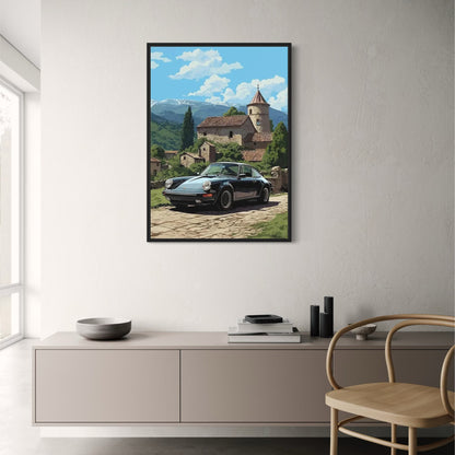Porsche Poster | 911 Morning Glory | Morgendämmerung auf dem Land | Ruhe in der alten Kirche
