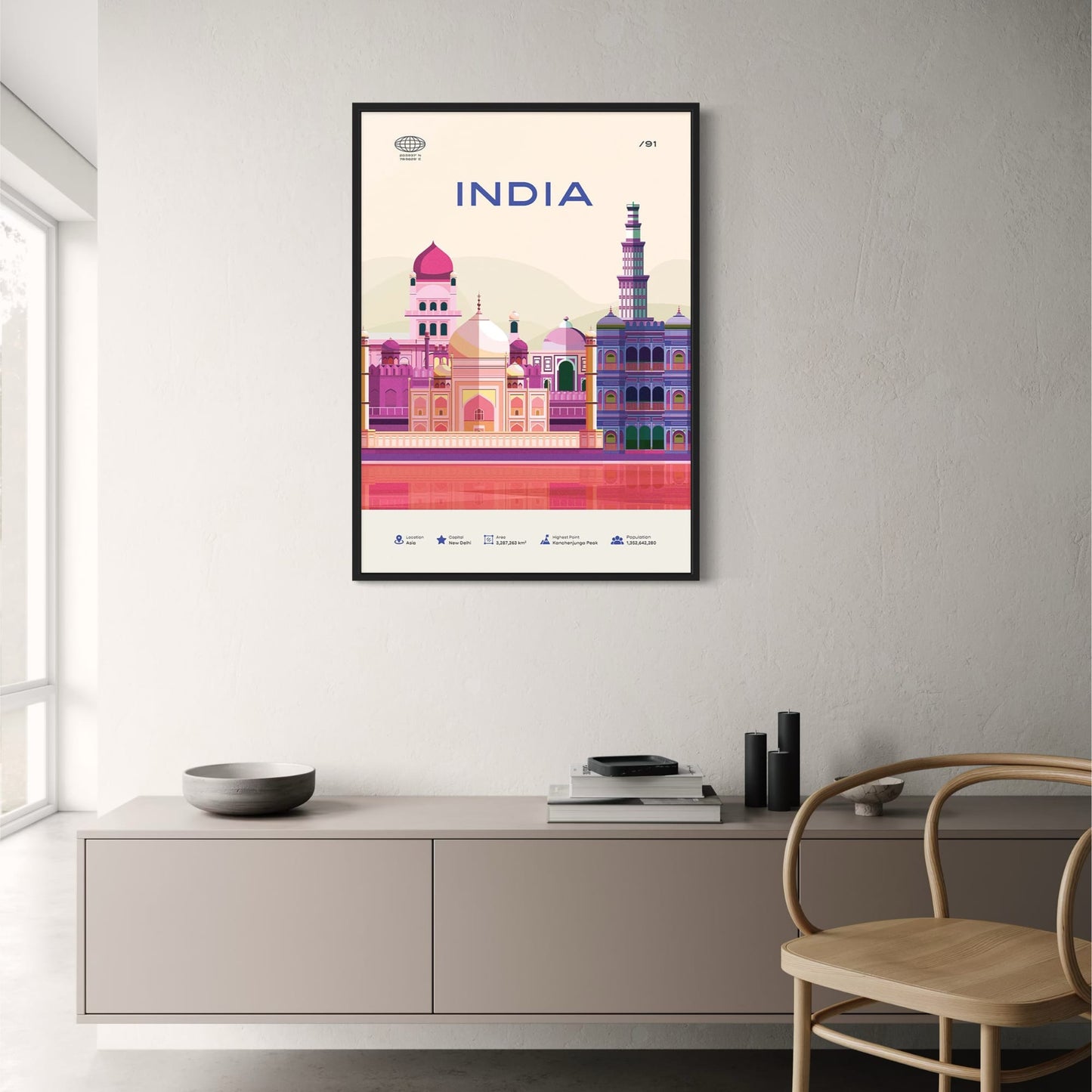 Indien Reiseposter | Architektonische Wahrzeichen Neu-Delhis | Farbenfrohe Illustration | Kulturelle Wandkunst