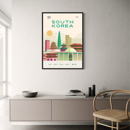Südkorea Poster | Seoul Urban Skyline Art | Farbenfroher Stadtbilddruck | Asiatisches Reisethema Dekor