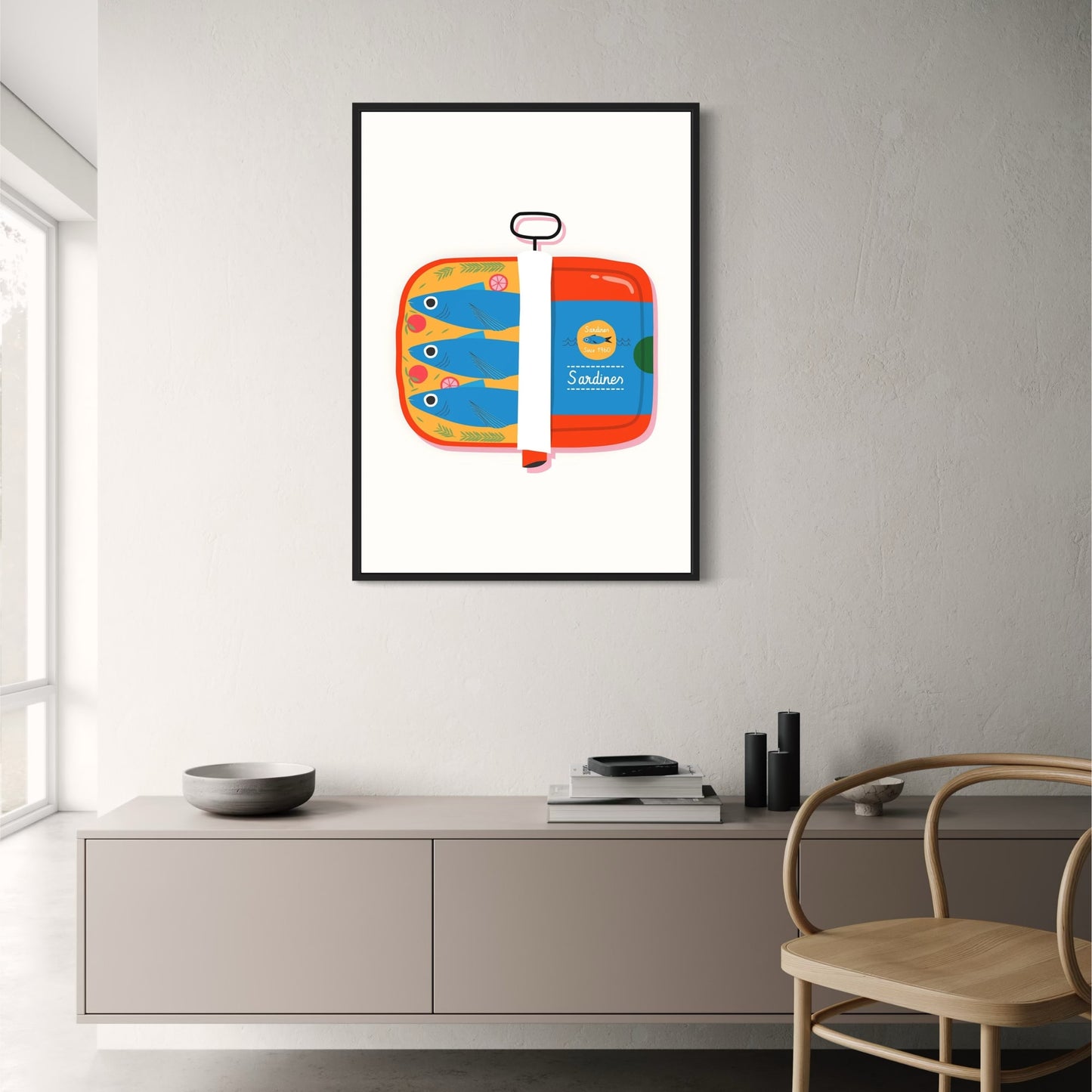 Sardinen-Poster | Kulinarische Illustration aus dem Jahr 1960 | Wandkunst für die Heimdekoration | Küchendruck