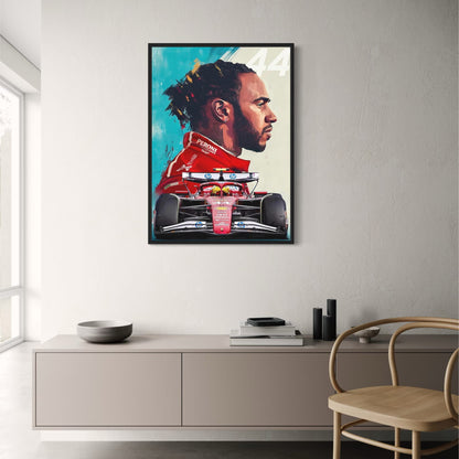 Lewis Hamilton 2025 Formel 1 Saison Künstlerisches Portrait-Poster | Lebendiger abstrakter Hintergrund | SF25 Auto | Nummer 44