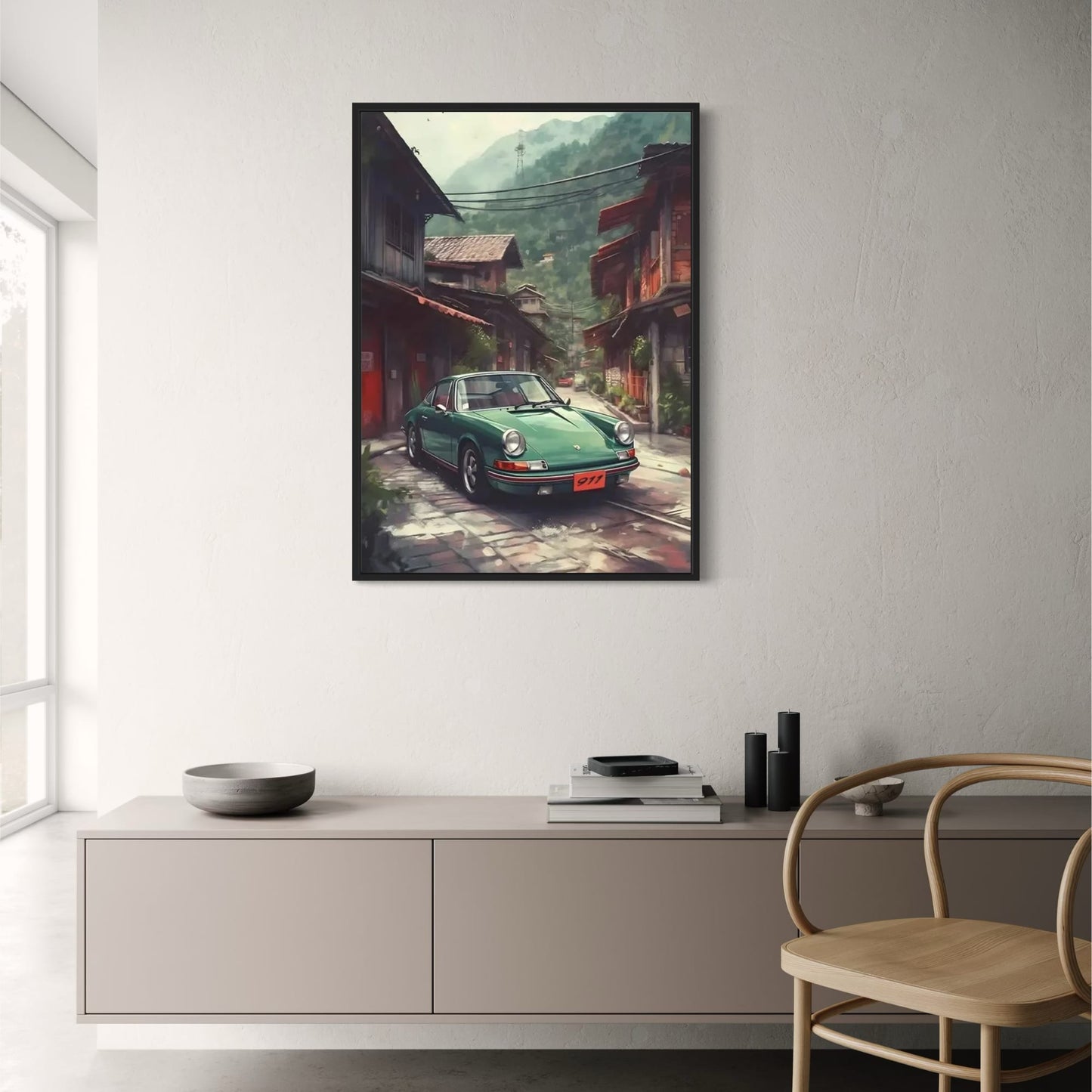 Porsche 911 Poster | Altstadtstraße in den Bergen Kunst | Historischer Erkundungsdruck | Nostalgische Routen Kunstwerk
