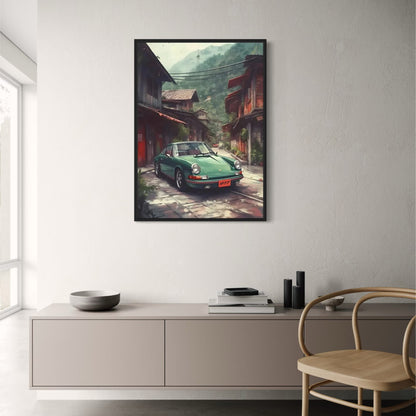 Porsche 911 Poster | Altstadtstraße in den Bergen Kunst | Historischer Erkundungsdruck | Nostalgische Routen Kunstwerk