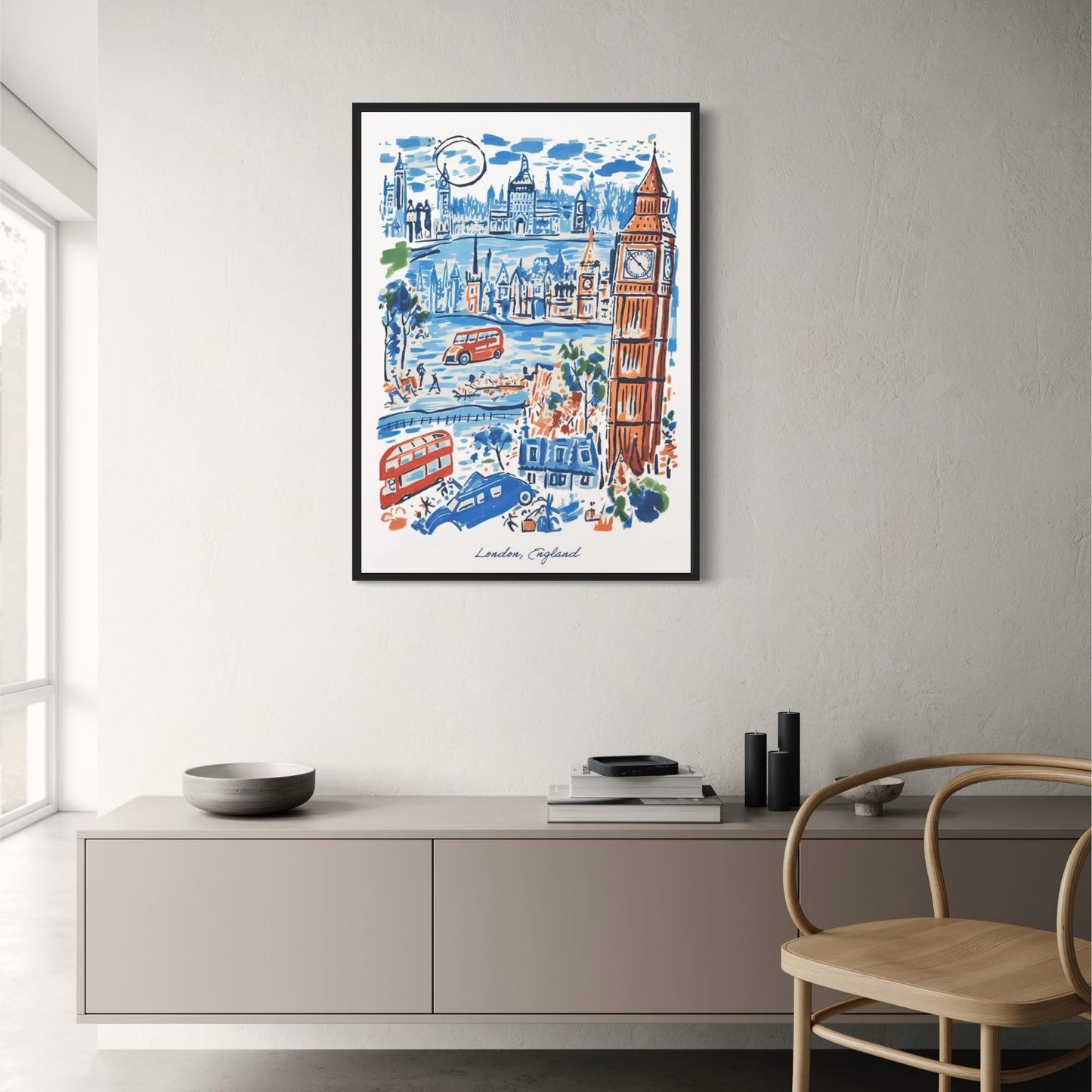 Poster London, England | Ikonische Wahrzeichen der Stadt | Blaue und rote Stadtszene | Perfektes Geschenk für Reisende