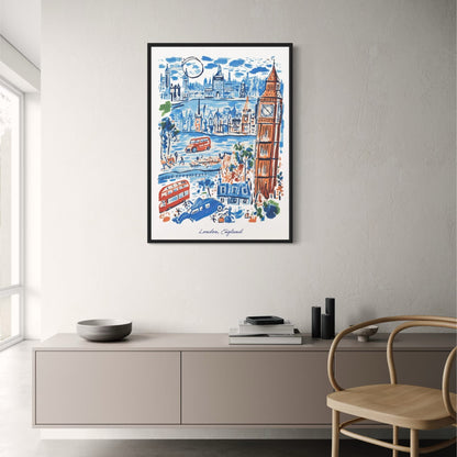 Poster London, England | Ikonische Wahrzeichen der Stadt | Blaue und rote Stadtszene | Perfektes Geschenk für Reisende