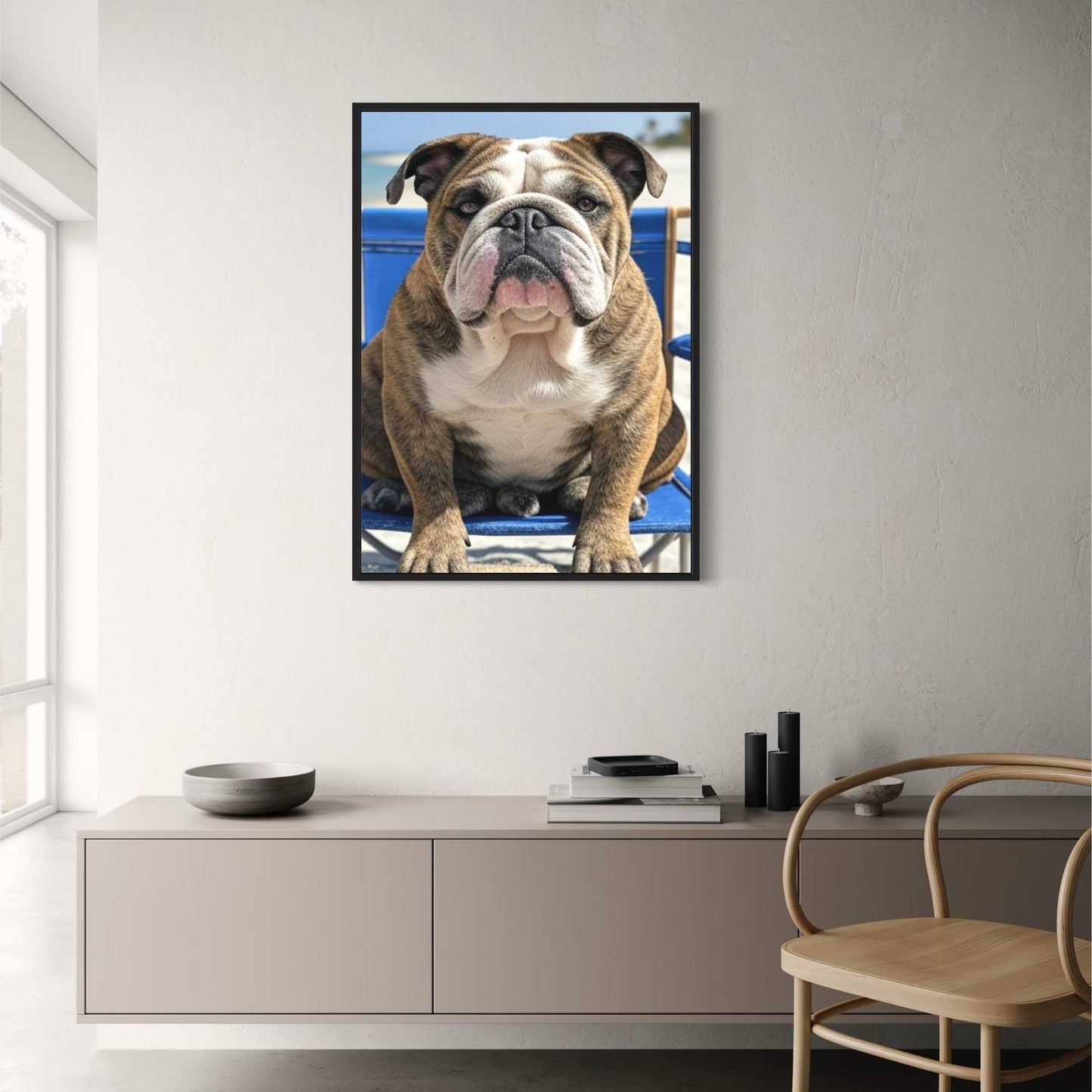 Beach Day Bulldog | Relaxed Portrait in Blue Chair