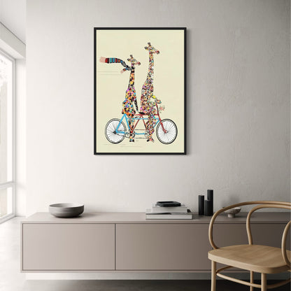 Giraffe's Patchwork Pedal Poster | Whimsical Wheels | Colorful Animated Adventure Decor | Joyful Journey Wall Art