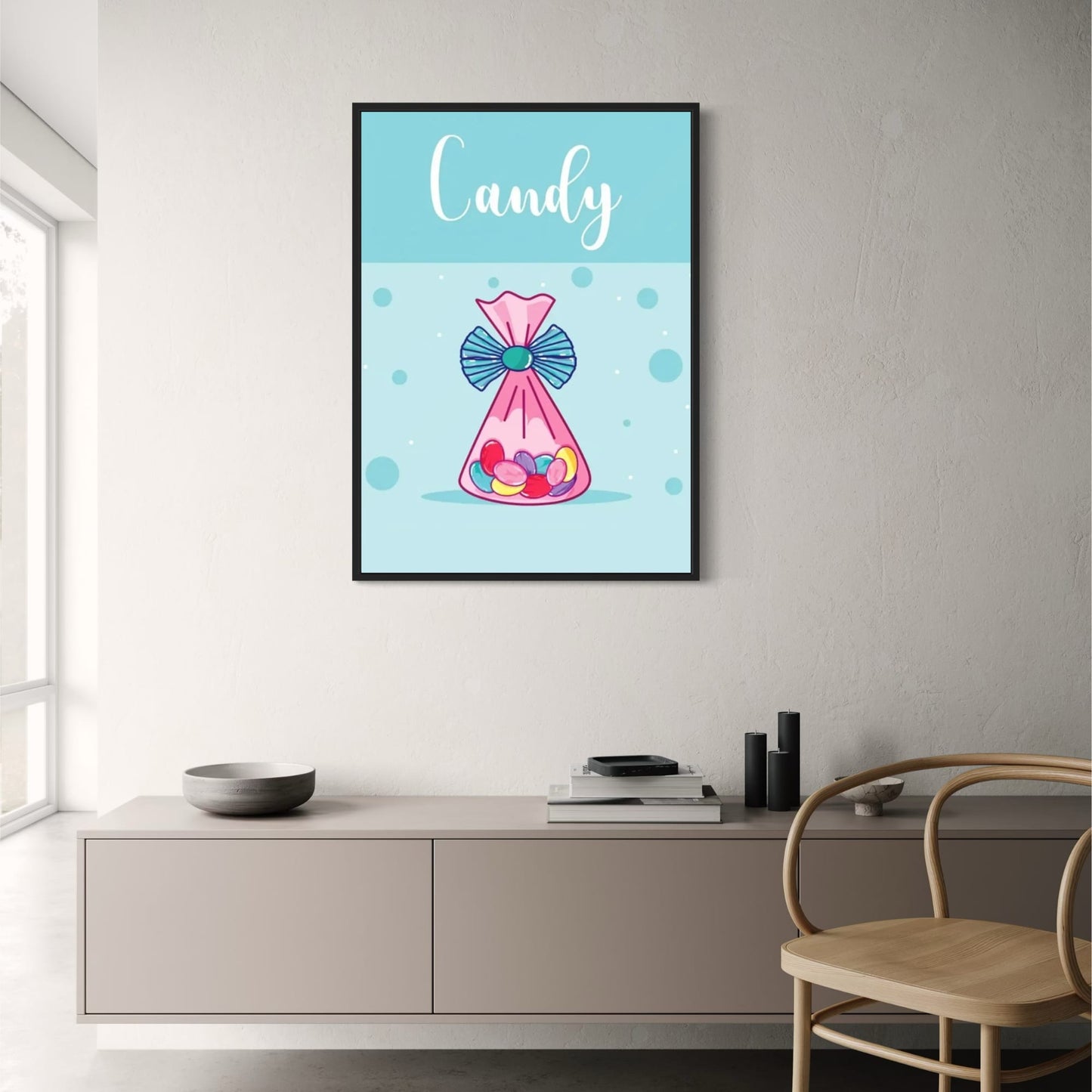 Skittles-Poster mit Tüte | Bunter Süßigkeiten-Kunstdruck | Wandkunst für die Inneneinrichtung | Regenbogen-Süßigkeiten-Poster für Küche oder Wohnzimmer | Lebendiges Skittles-Kunstdisplay