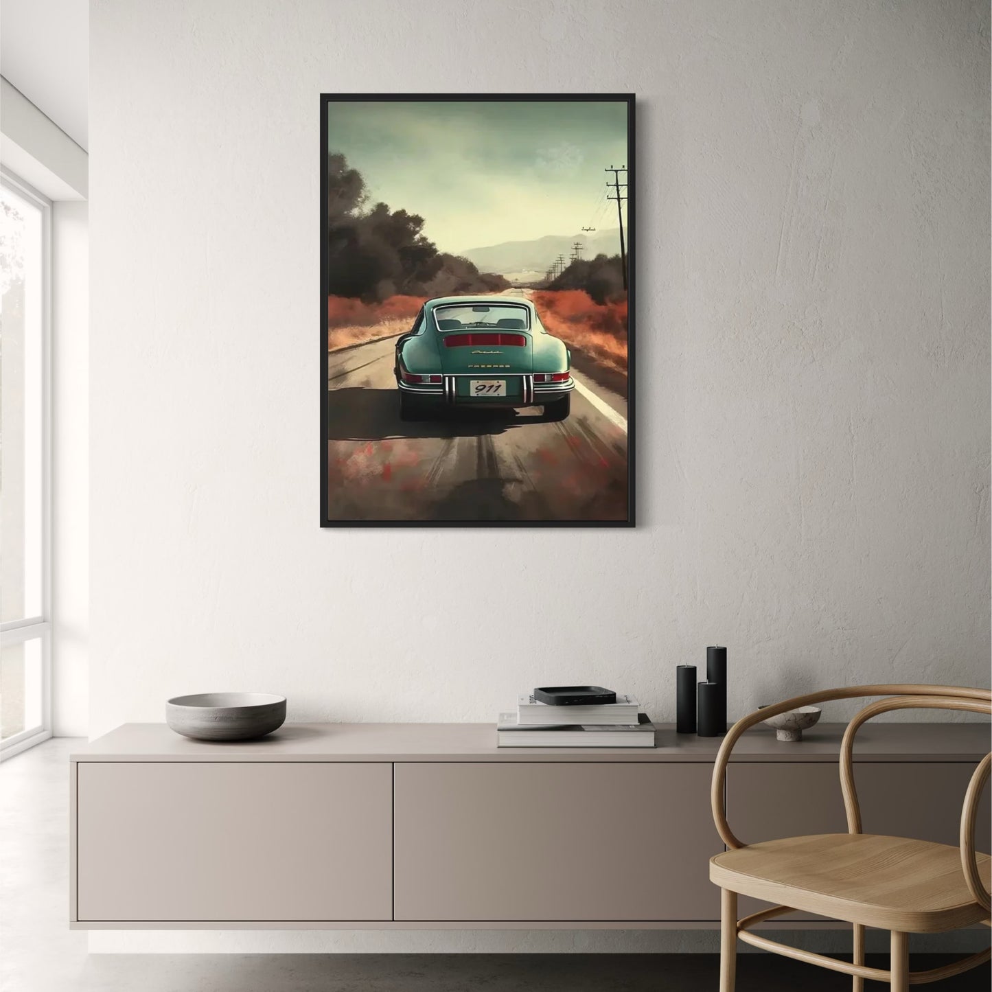 Porsche 911 Poster | Feurige Autobahnfahrt bei Sonnenuntergang | Wüstenlandschaftskunst | Dramatische Szenerie