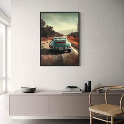 Porsche 911 Poster | Feurige Autobahnfahrt bei Sonnenuntergang | Wüstenlandschaftskunst | Dramatische Szenerie