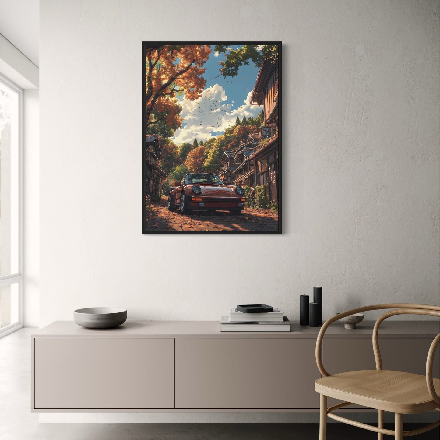 Vintage Red Sports Car | Autumn Village | Japanese Architecture | Maple Trees