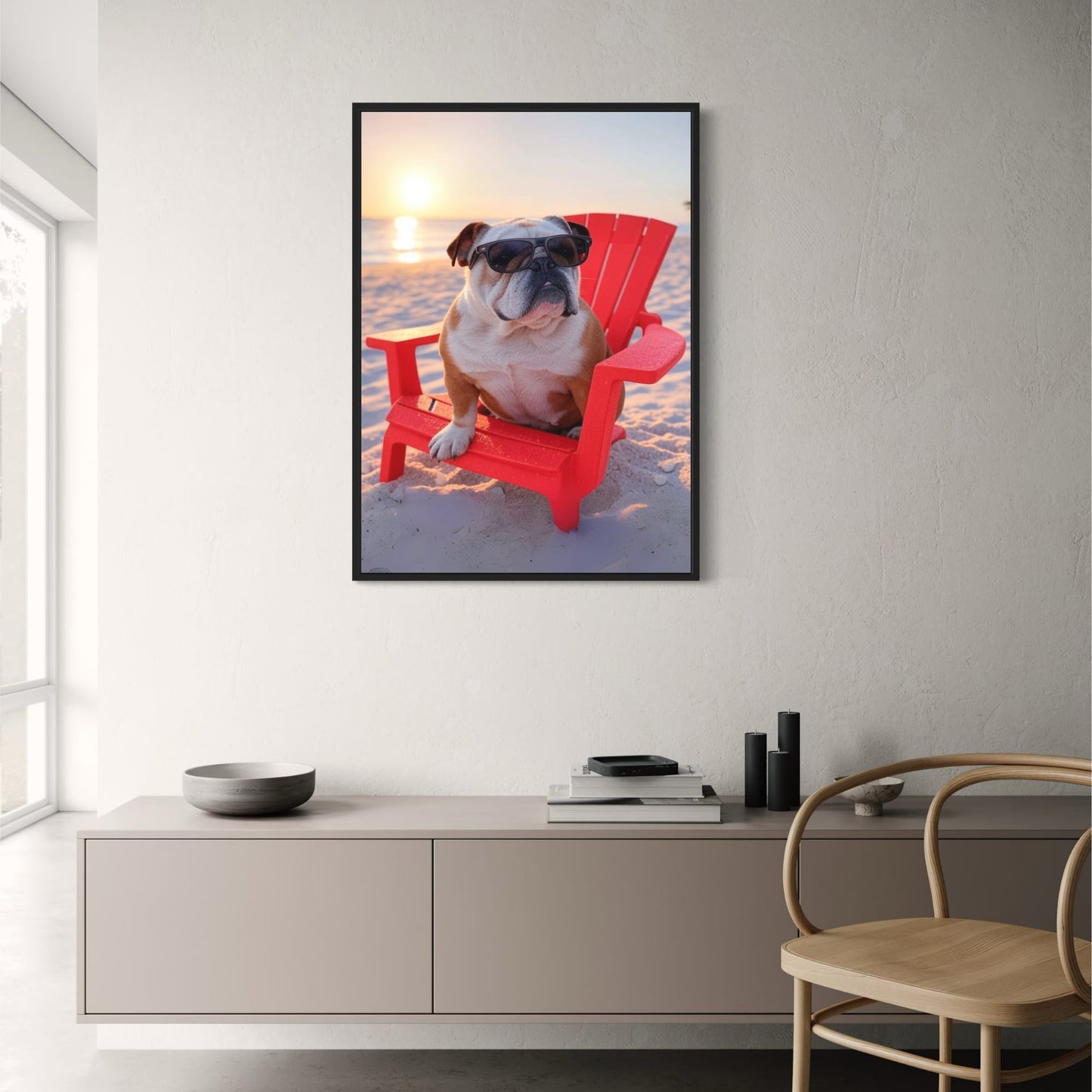 Sunset Beach Bulldog Portrait Poster | English Bulldog in Red Chair Wearing Sunglasses | Vibrant Wall Art for Home or Office