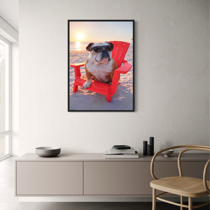 Sunset Beach Bulldog Portrait Poster | English Bulldog in Red Chair Wearing Sunglasses | Vibrant Wall Art for Home or Office
