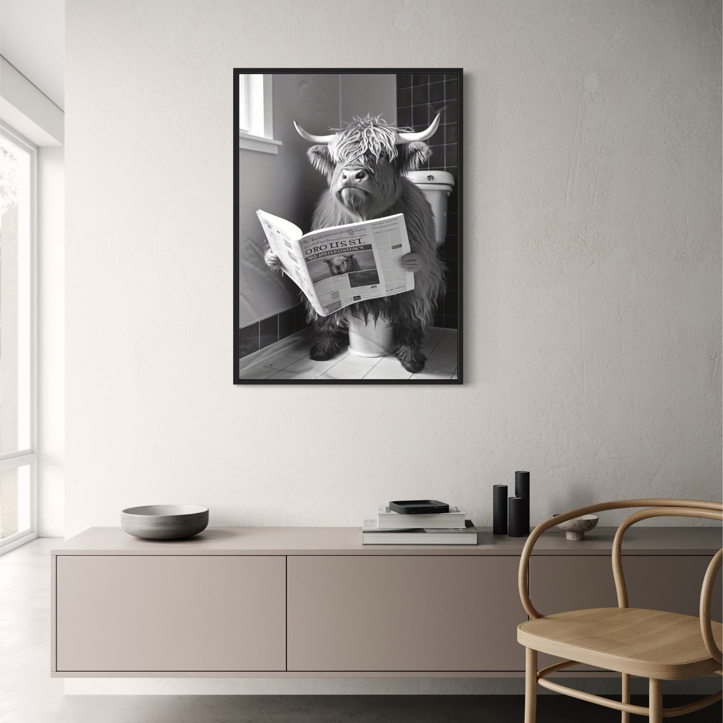 Highland Koe Leest op Toilet | Humoristische Boerderijstijl