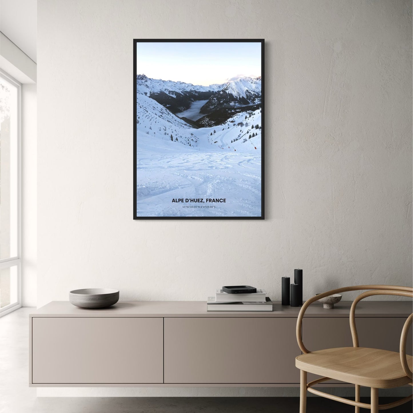Poster mit weitläufigen Schneelandschaften | Winterlandschaft der Alpe d'Huez | Atemberaubende französische Alpenlandschaftskunst | Fangen Sie die Schönheit der schneebedeckten Berge ein