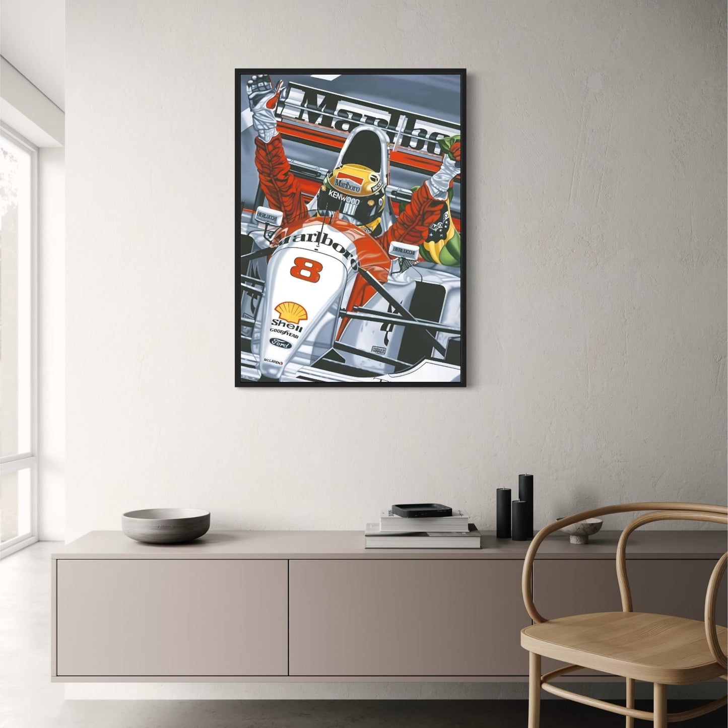 Poster mit Ayrton Senna, F1-Rennfahrer | Kunstdruck für Zuhause | Wanddekoration fürs Wohnzimmer | Schlafzimmer, Café-Eingang