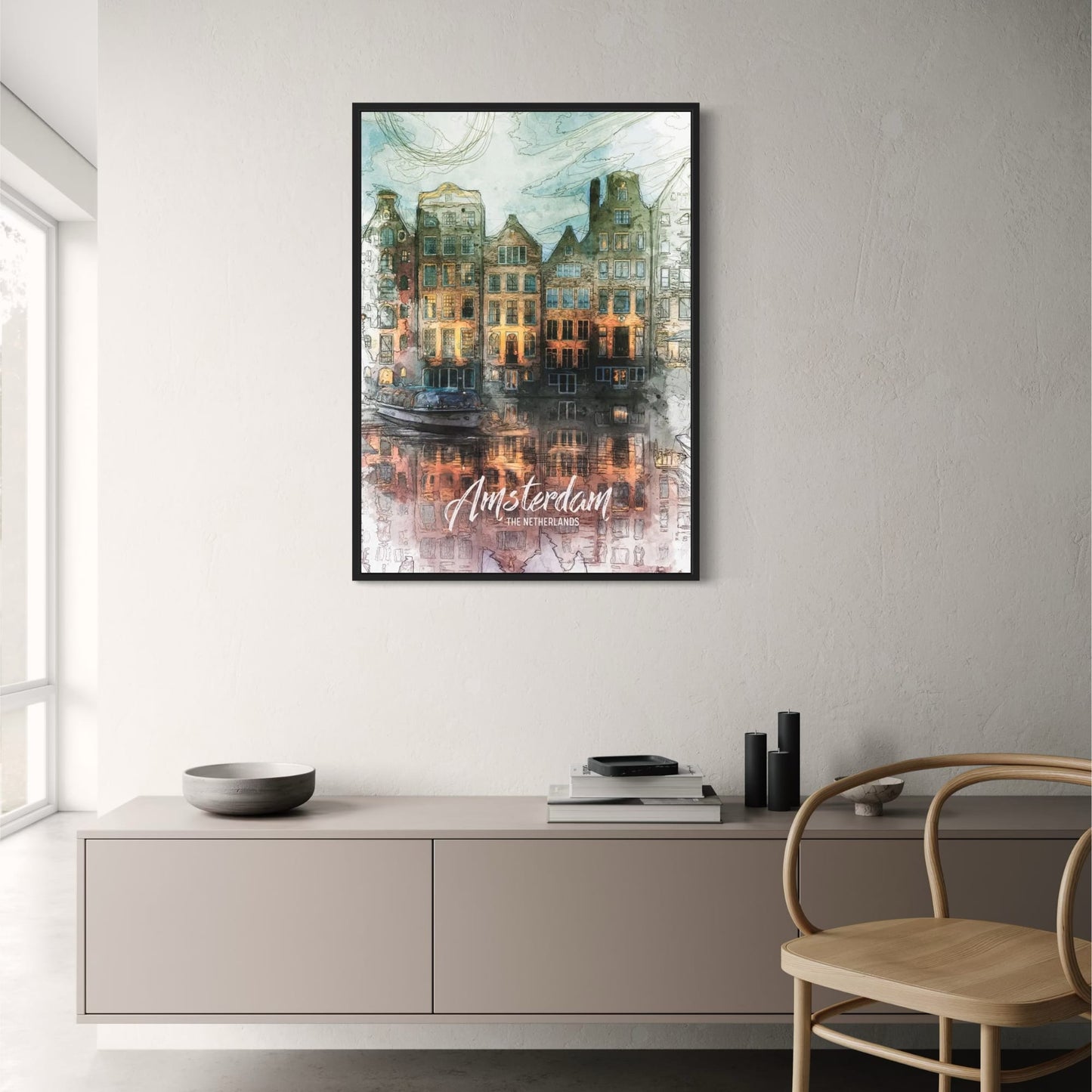 Grachtenhäuser | Amsterdam | Niederlande | Traditionelle niederländische Architektur | Ikonische Amsterdamer Grachten | Poster zur Stadtarchitektur